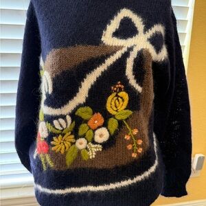 Vintage Floral Embroidered Sweater - Blue and Brown
